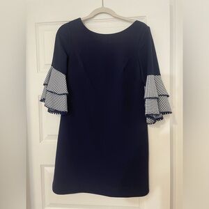 Navy bell sleeve dress with gingham sleeves